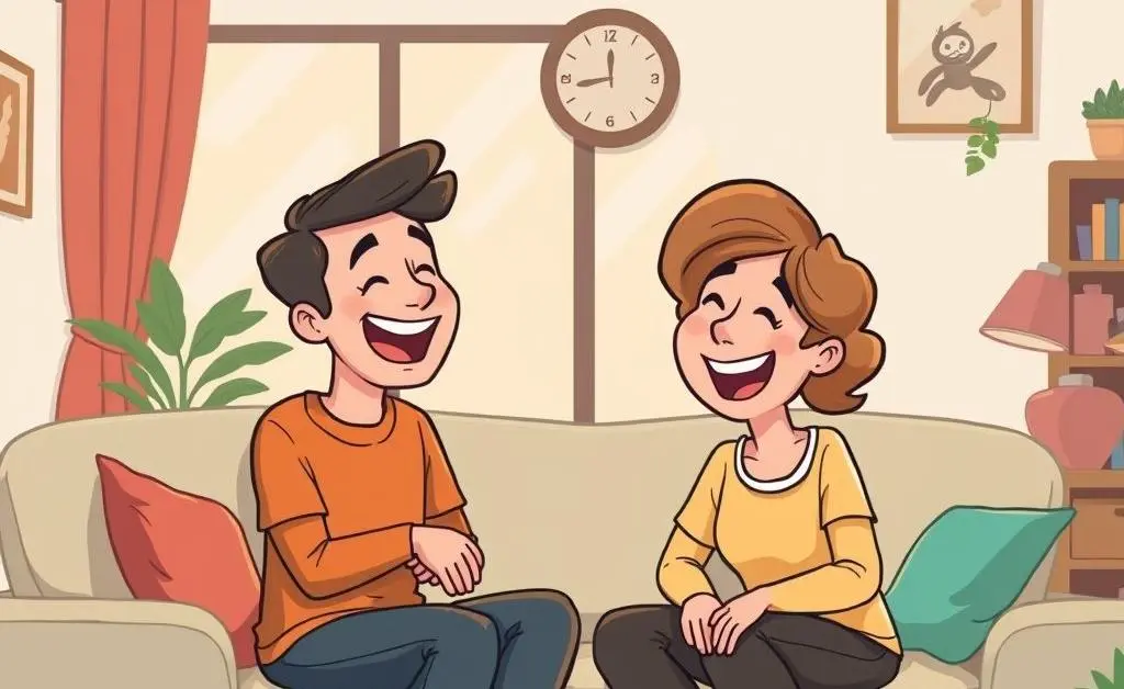 Two friends sharing a warm laugh in a living room.
