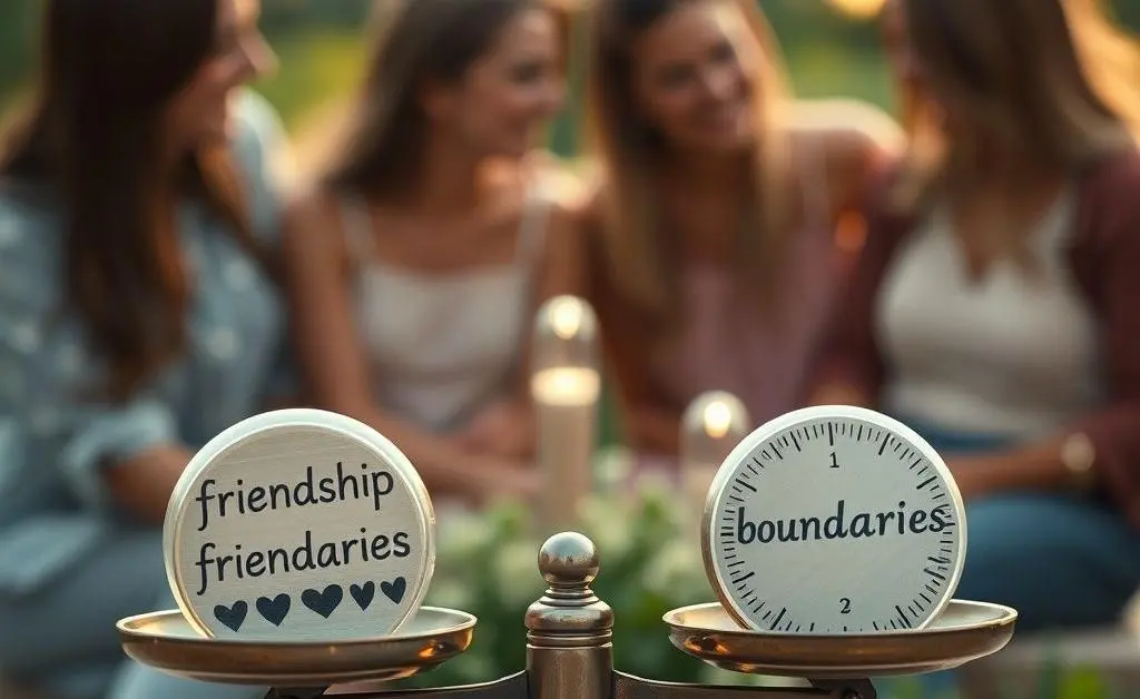 Scales balancing between 'friendship' and 'boundaries' with friends in the background