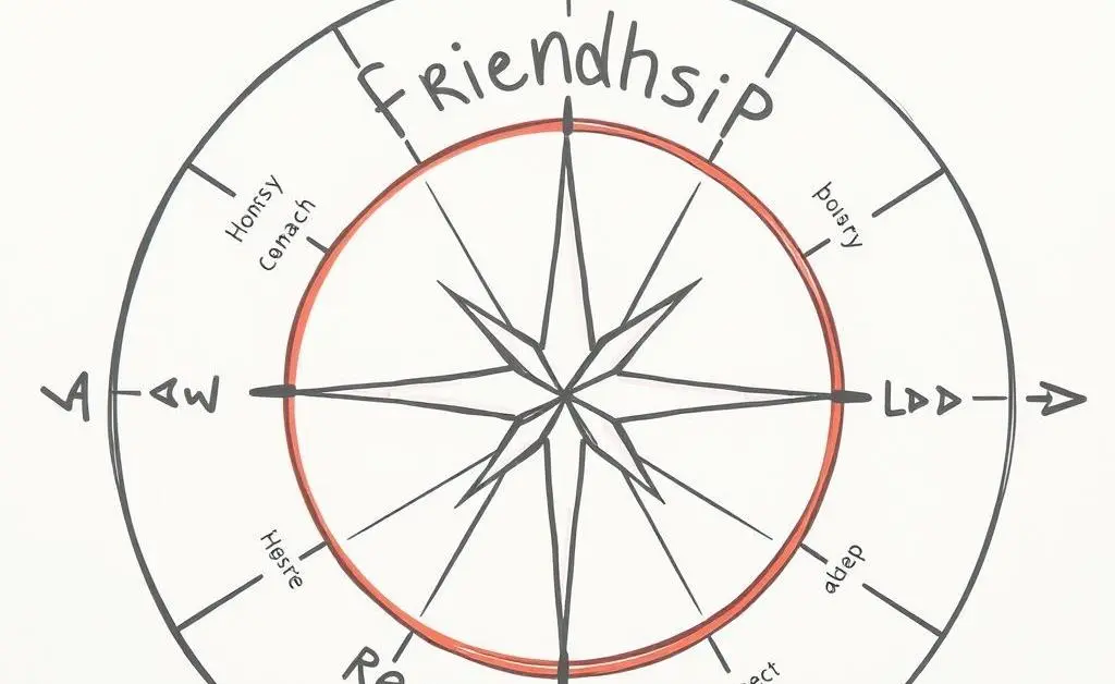 A hand-drawn compass labeled with friendship attributes like honesty, empathy, and respect