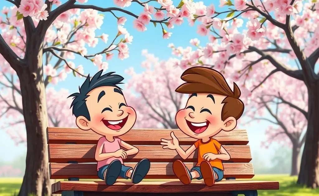 Two characters chatting and laughing on a park bench in a cartoon style