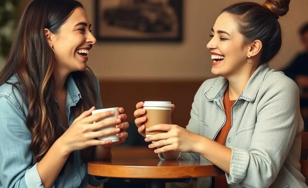 Two friends sharing a laugh over coffee.
