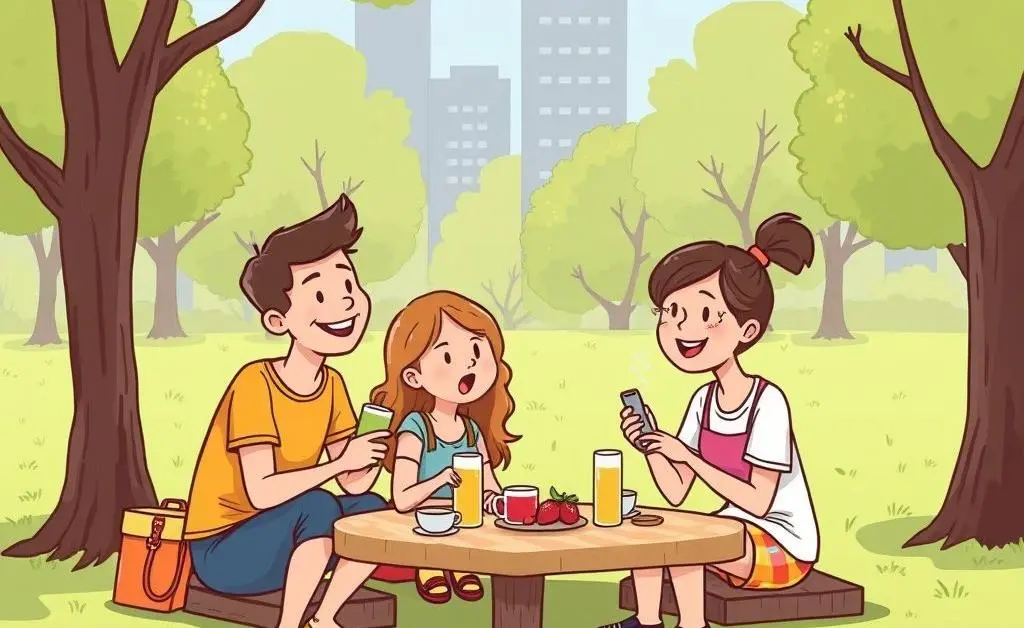 Cartoon of friends enjoying inexpensive activities like picnicking in the park.