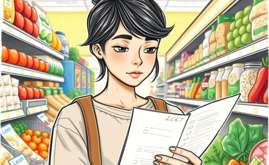 A person grocery shopping with a list, focusing on affordable items.