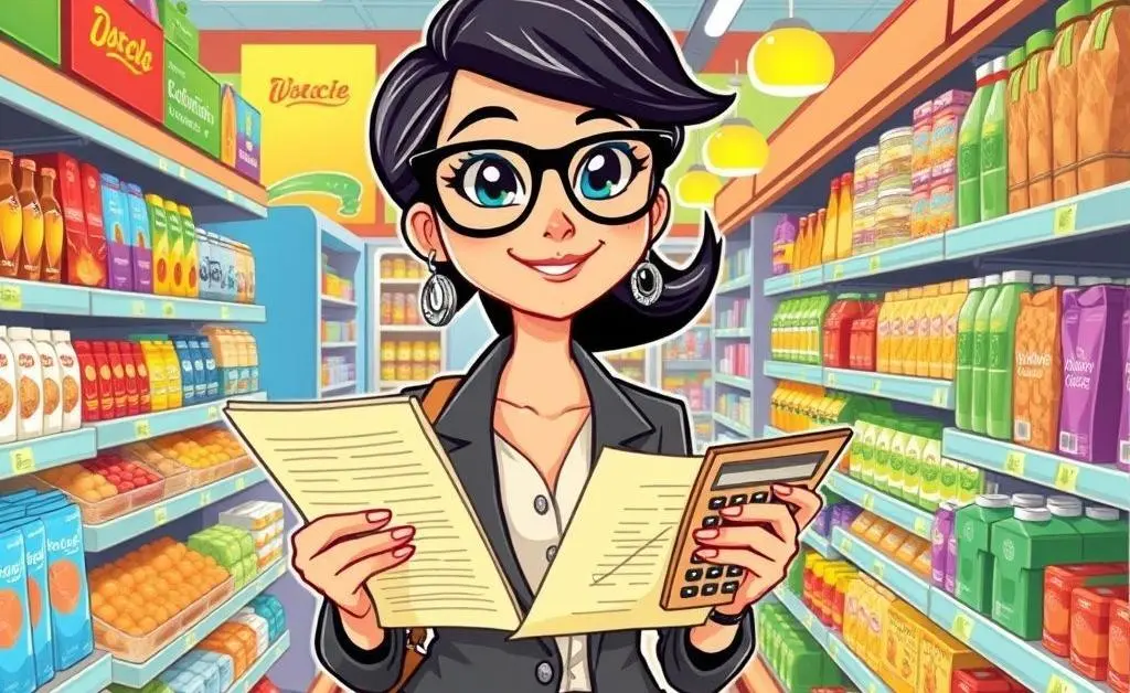 Cartoon-style of a smartly dressed shopper with a grocery list and budget calculator in hand