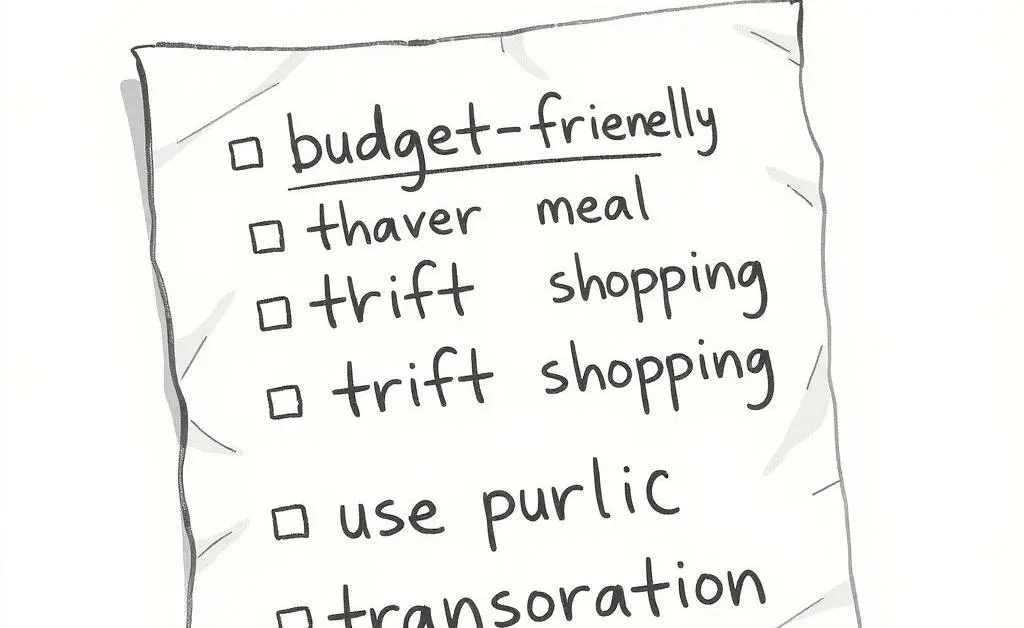 A checklist with items like 'budget meals', 'thrift-shopping', 'public transit.'