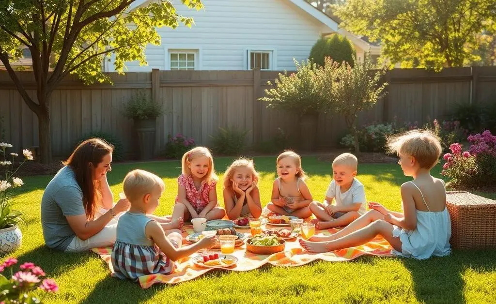 A family enjoying an outdoor picnic in a simple backyard setting