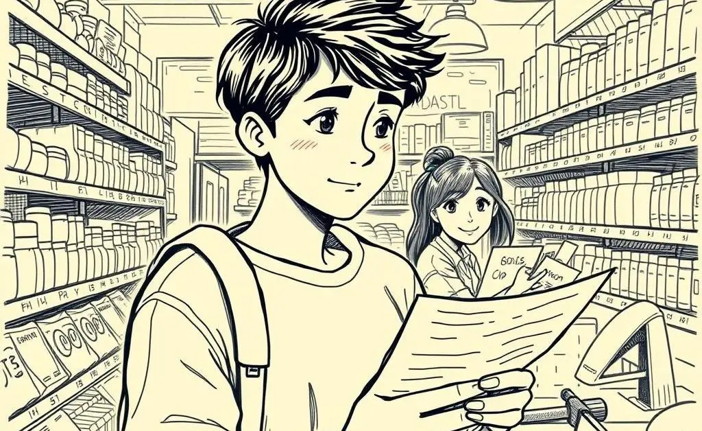 Hand-drawn scene of a person shopping frugally at a grocery store.