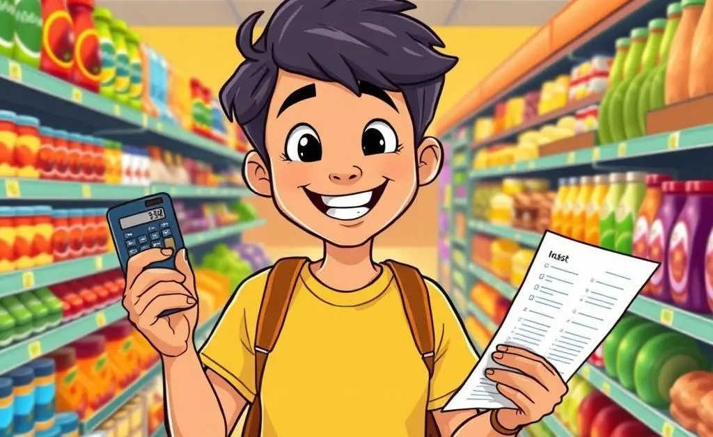 An illustration of a cheerful person at a grocery store using a calculator and a shopping list.