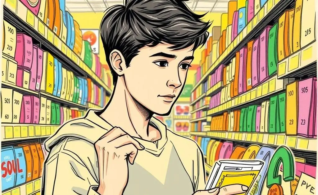 Hand-drawn image of someone shopping smartly with price tags.