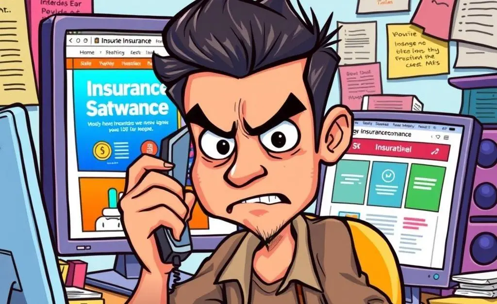 A cartoon-style image of a person looking frustrated while on the phone with a computer displaying an insurance company's website.