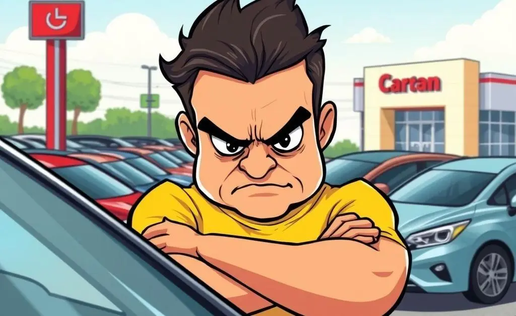 A frustrated customer looking at a car on a dealership lot