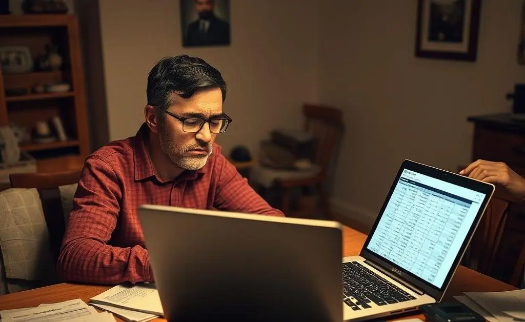 A frustrated couple sitting at a table with a computer, looking at budget sheets