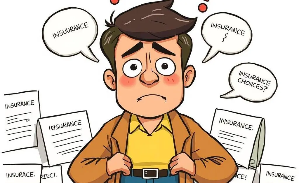 Cartoon of a frustrated customer surrounded by multiple confusing insurance choices.