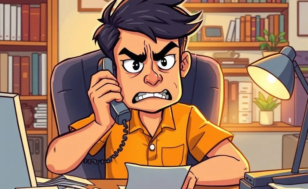 A person on the phone looking frustrated with car insurance papers on the desk