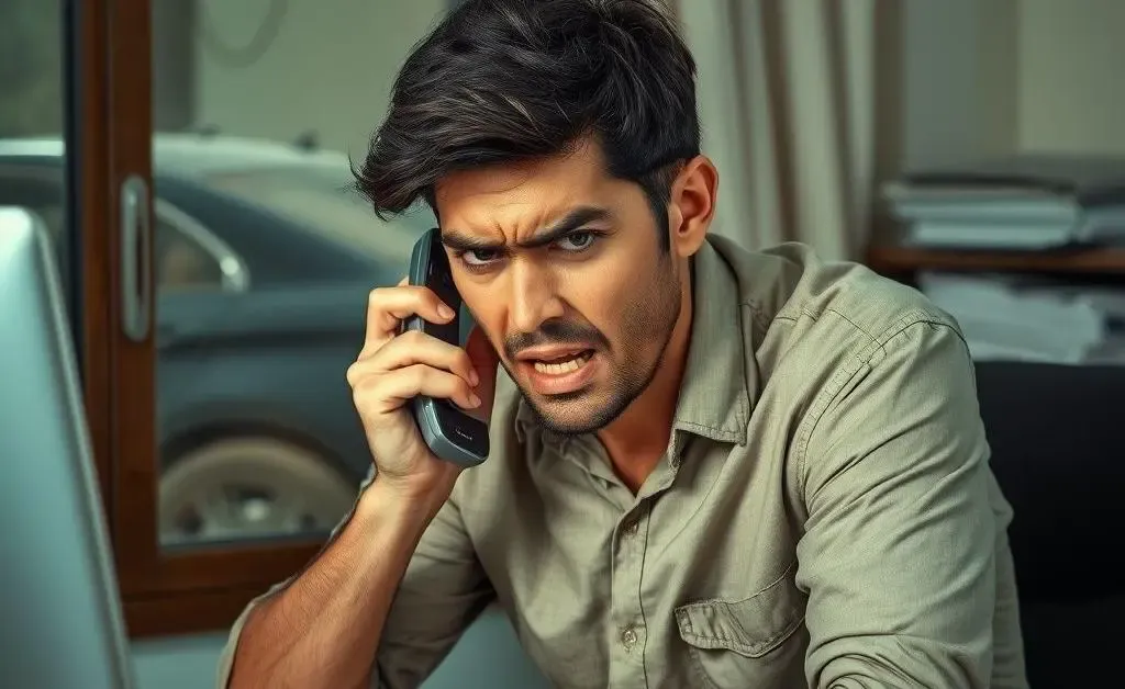 A frustrated person calling their insurance company with a car in the background.