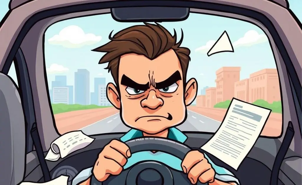 Cartoon of a driver sitting in a car, looking frustrated, with insurance paperwork scattered around the dashboard.