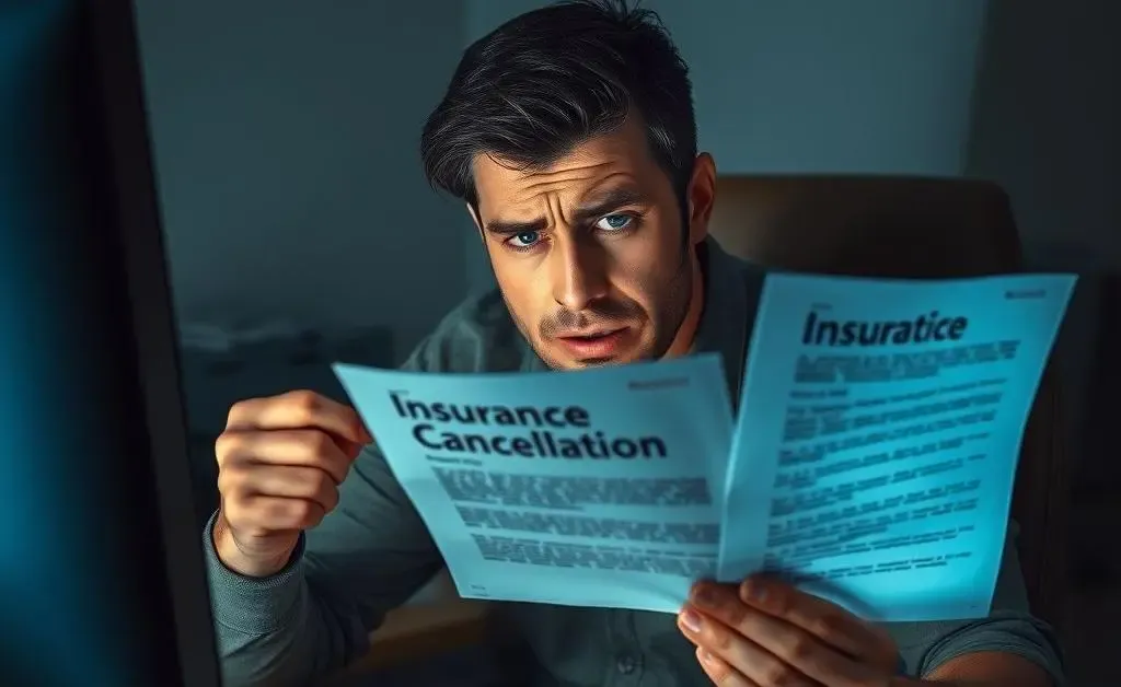 A driver sitting at a computer with a frustrated expression while viewing an insurance cancellation notice.