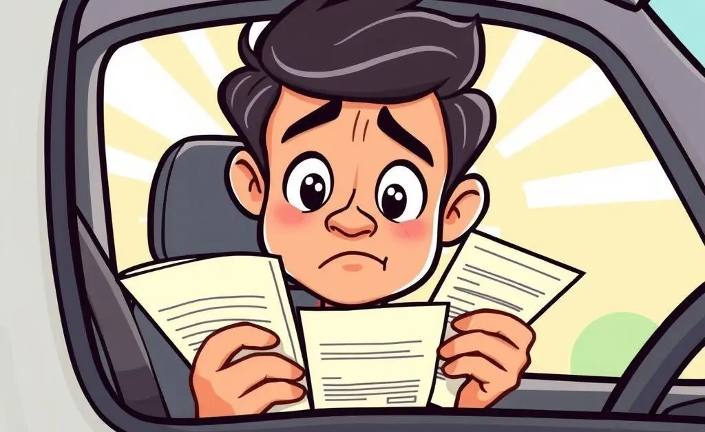 A frustrated driver holding insurance papers