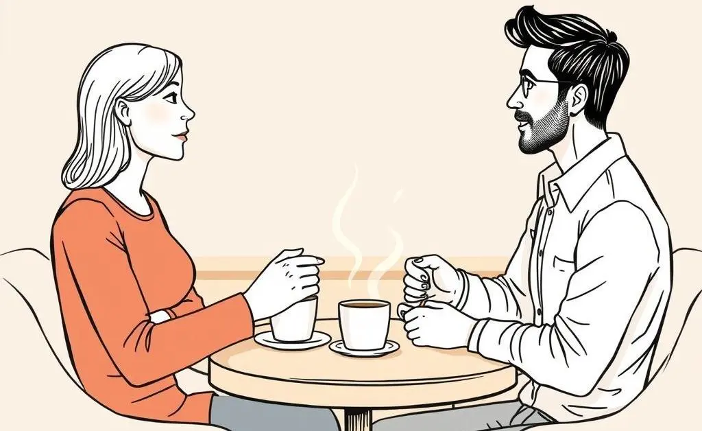 Hand-drawn aesthetic of a couple discussing finance over coffee in a cozy setting.