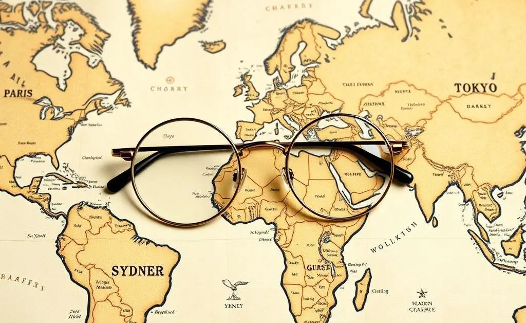 A hand-drawn travel map with various global destinations highlighted.