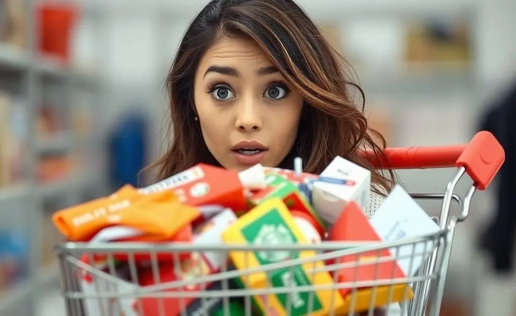 A woman staring at her overflowing online shopping cart