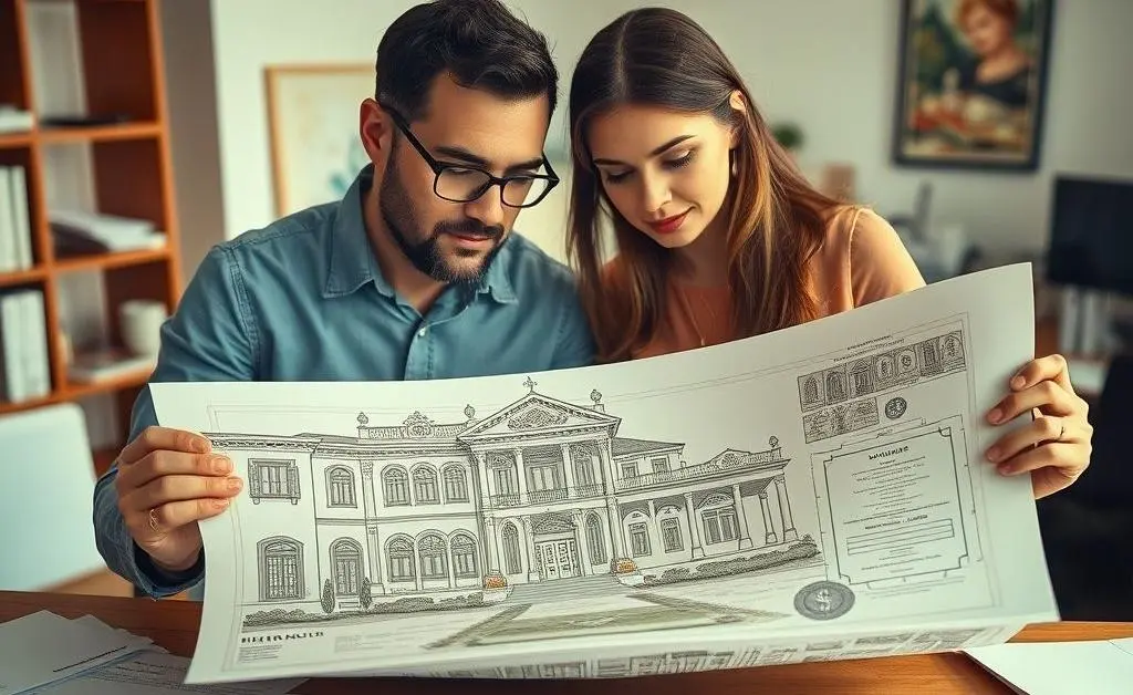A man and a woman staring at an ornate house blueprint and a spreadsheet littered with dollar signs