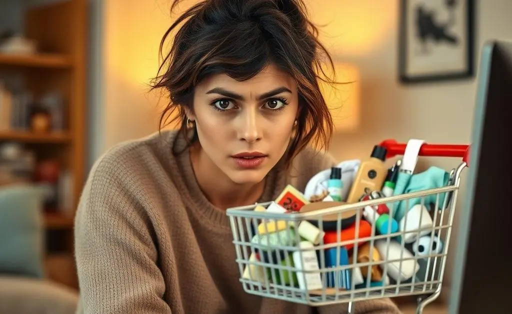 A woman staring at her overflowing online shopping cart
