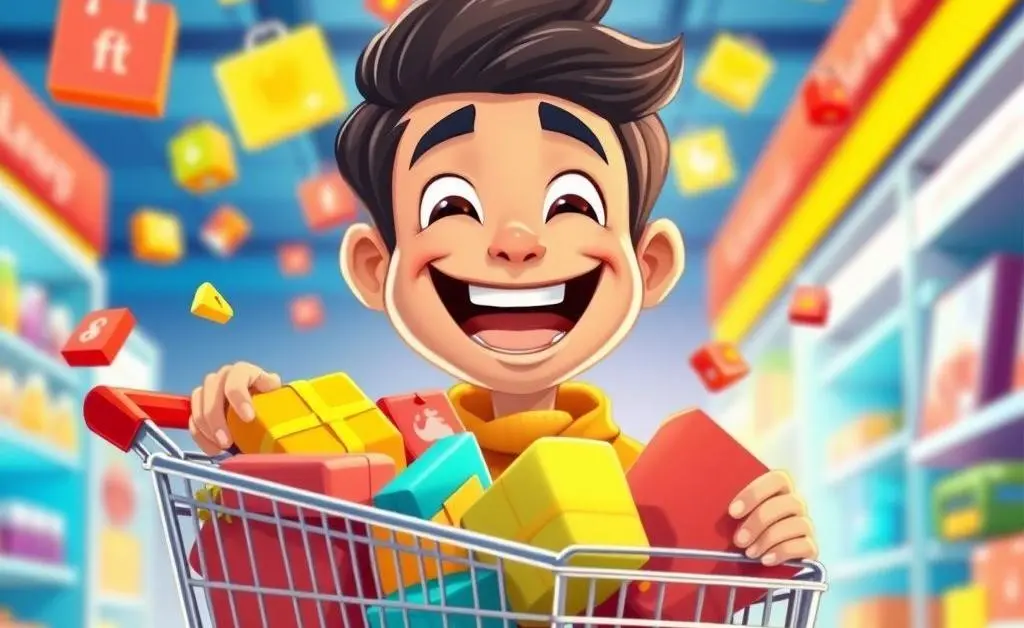A cartoon man gleefully browsing an online store, cart overflowing