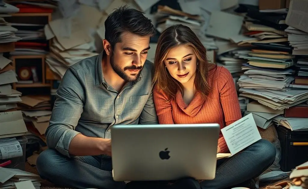 A husband and wife frantically searching on their laptop, surrounded by mess