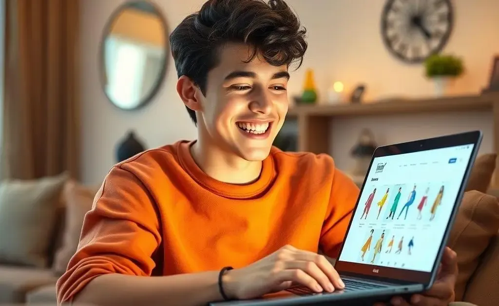 A young adult, Alex, shopping online with a happy expression as they fill the cart