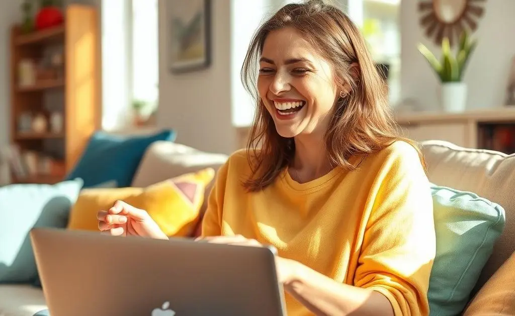 A woman sitting at her laptop, laughing as she adds items to her online shopping cart