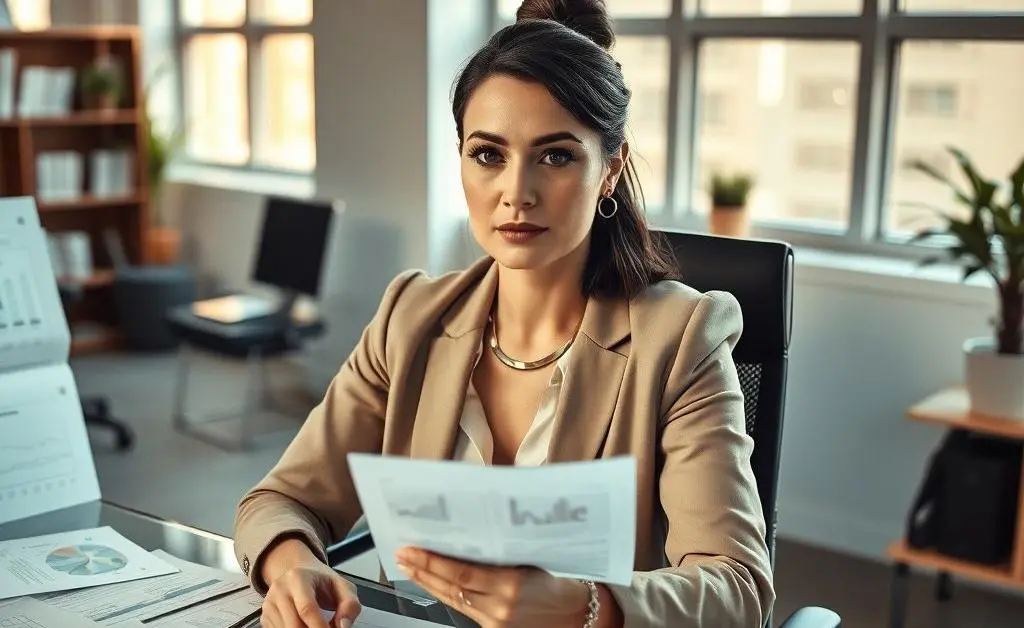 A woman sitting at a desk, surrounded by financial documents, looking determined