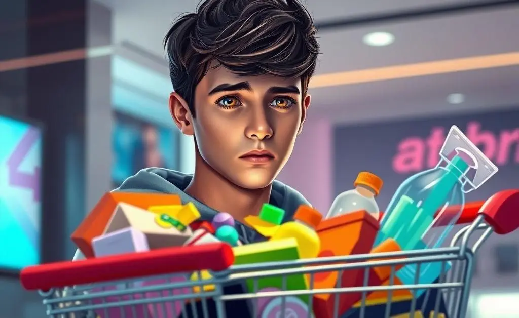 A young man, Max, staring at an overflowing online shopping cart