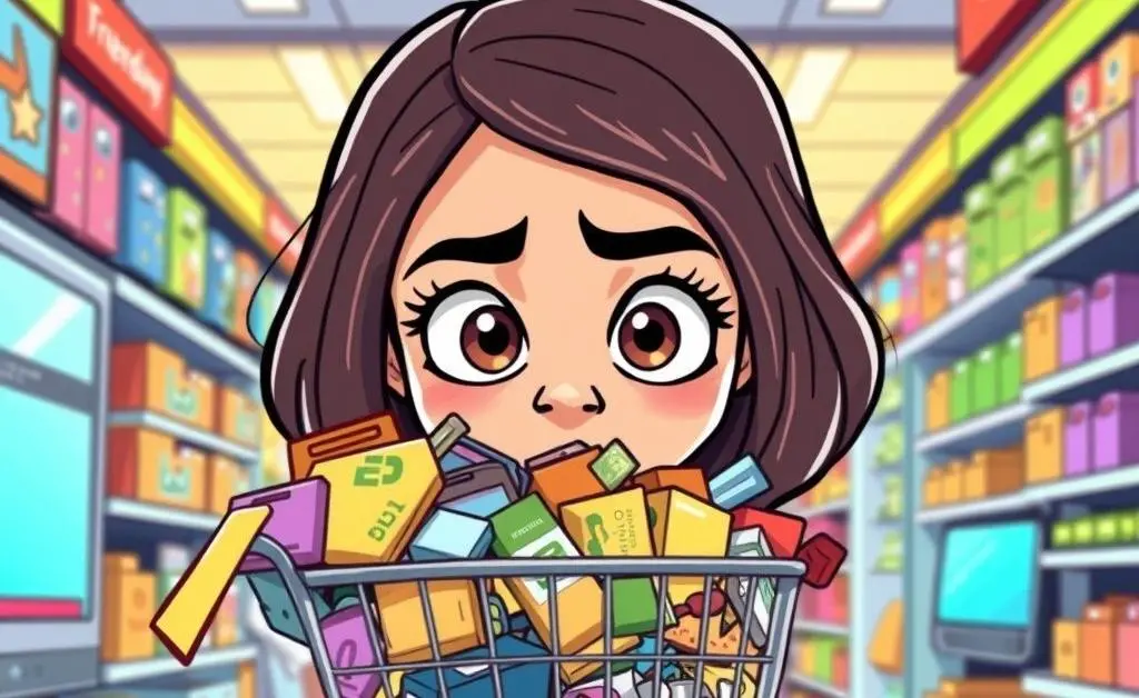 A woman staring at her overflowing online shopping cart