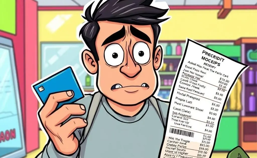 A man nervously looking at a long receipt with a credit card in hand