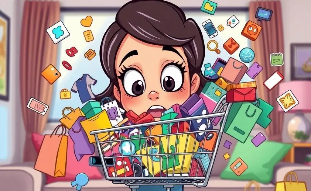 A woman staring at her overflowing online shopping cart
