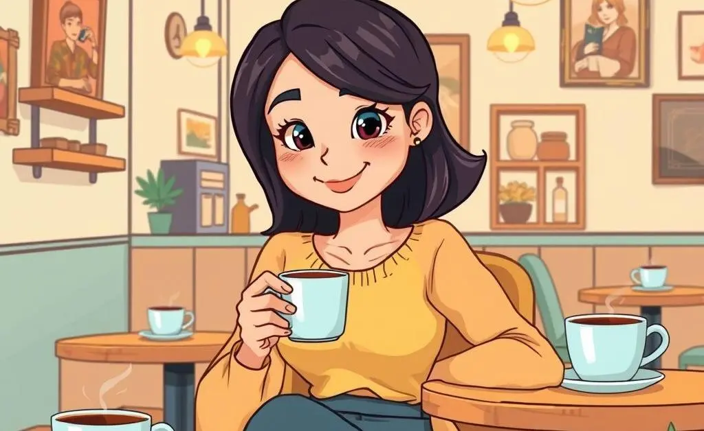 A cartoon of a woman sitting at a coffee shop, looking content as she sips her coffee.