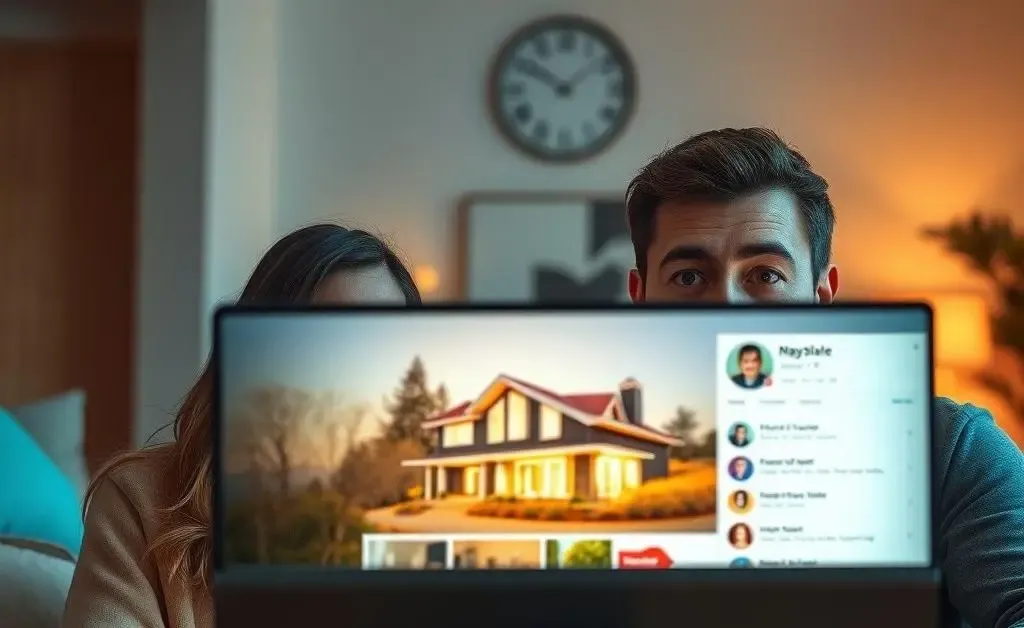 A man and woman sitting in front of a computer screen, wide-eyed, staring at a house listing