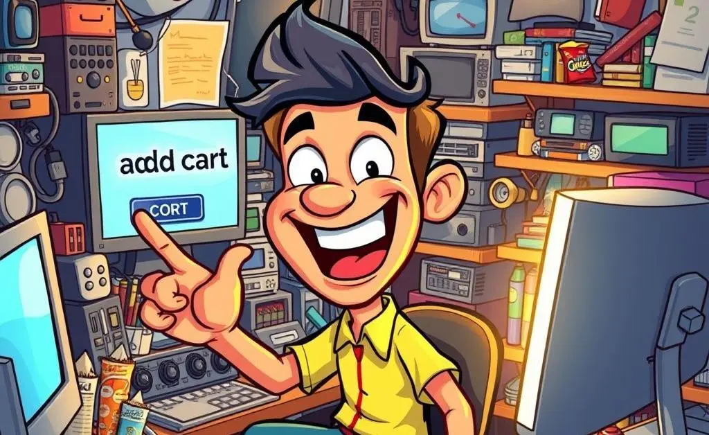 A cartoon man excitedly clicking 'add to cart' at his computer, desk overflowing with unneeded gadgets and snacks.