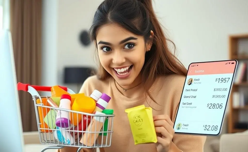 A woman staring at her overflowing online shopping cart
