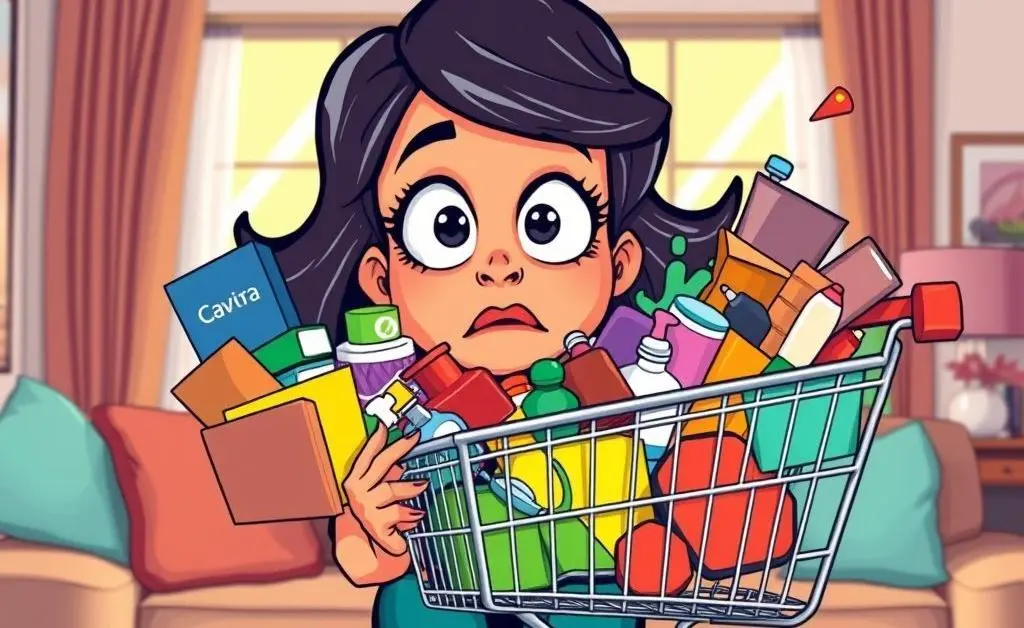 A woman staring at her overflowing online shopping cart