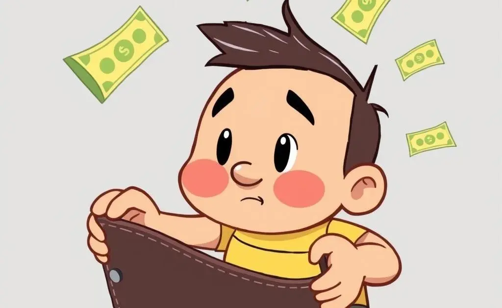 A cartoon character, Bobby, staring at an empty wallet with dollar bills flying away