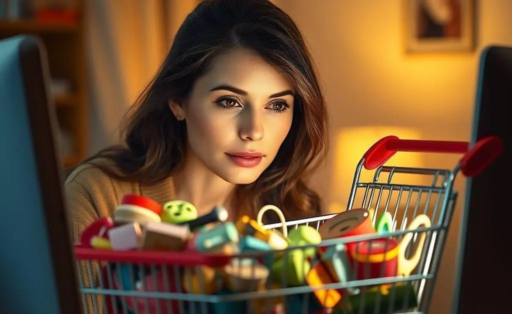 A woman staring at her overflowing online shopping cart