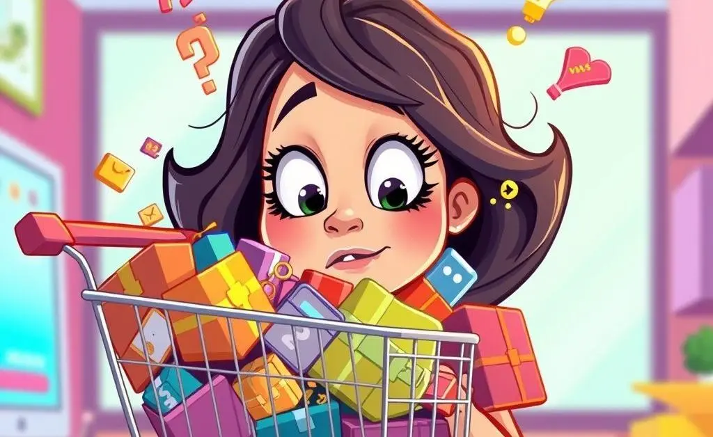 A woman staring at her overflowing online shopping cart