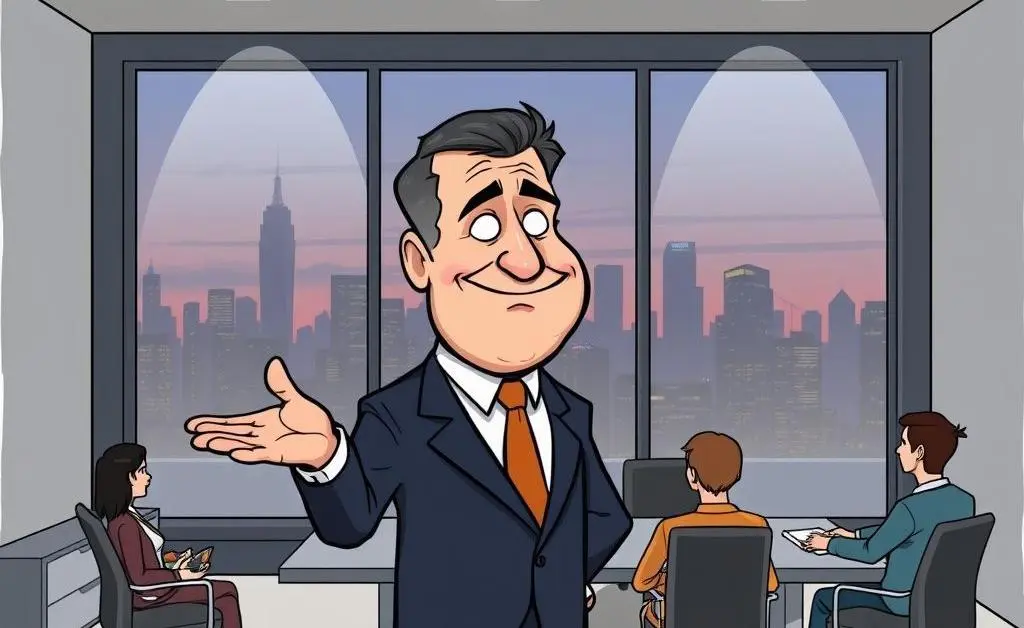 Cartoon of a boss announcing layoffs with a forced smile.
