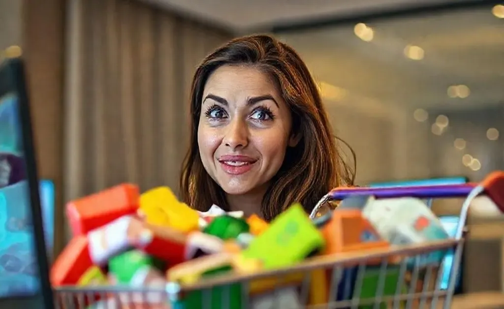 A woman staring at her overflowing online shopping cart