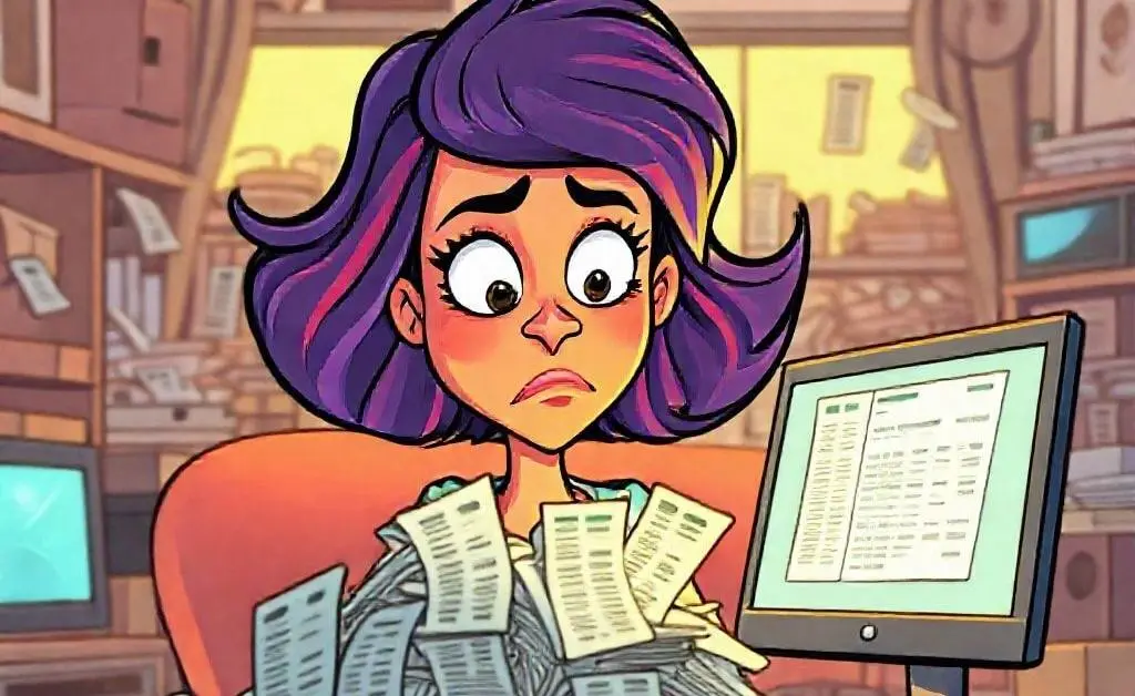 A cartoon woman overlooking her growing pile of online shopping receipts with a worried expression