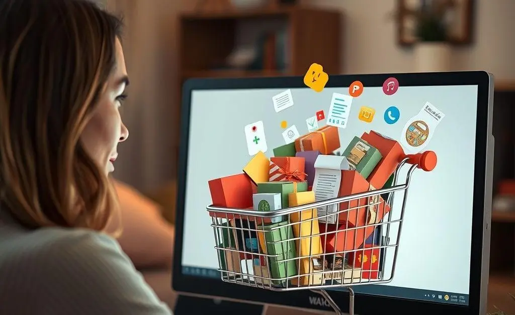 A woman staring at her overflowing online shopping cart