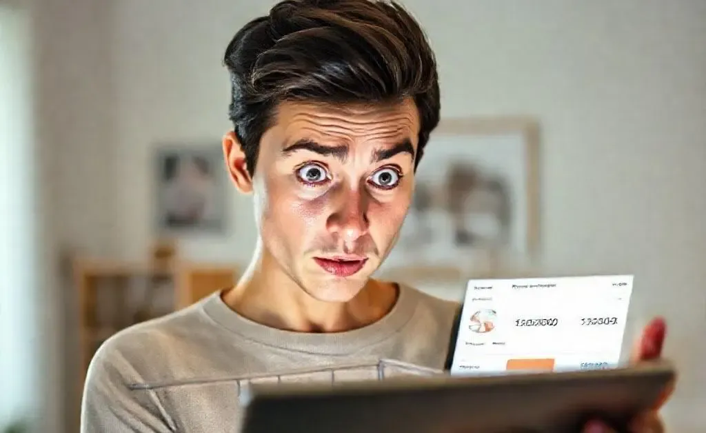 A person looking at their online shopping cart filled with items, eyes wide in disbelief at the total cost