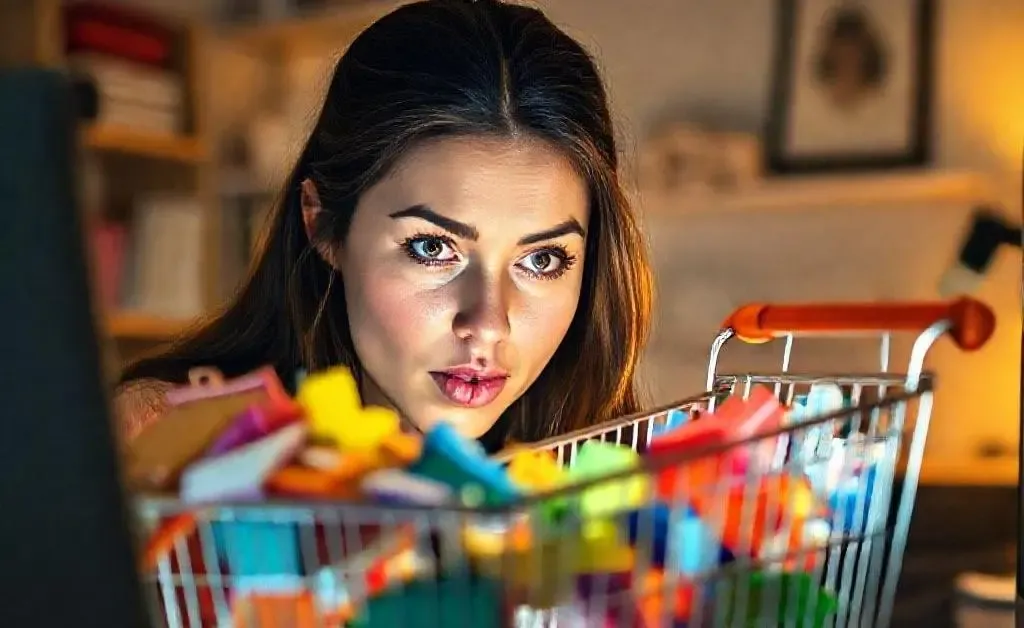 A woman staring at her overflowing online shopping cart